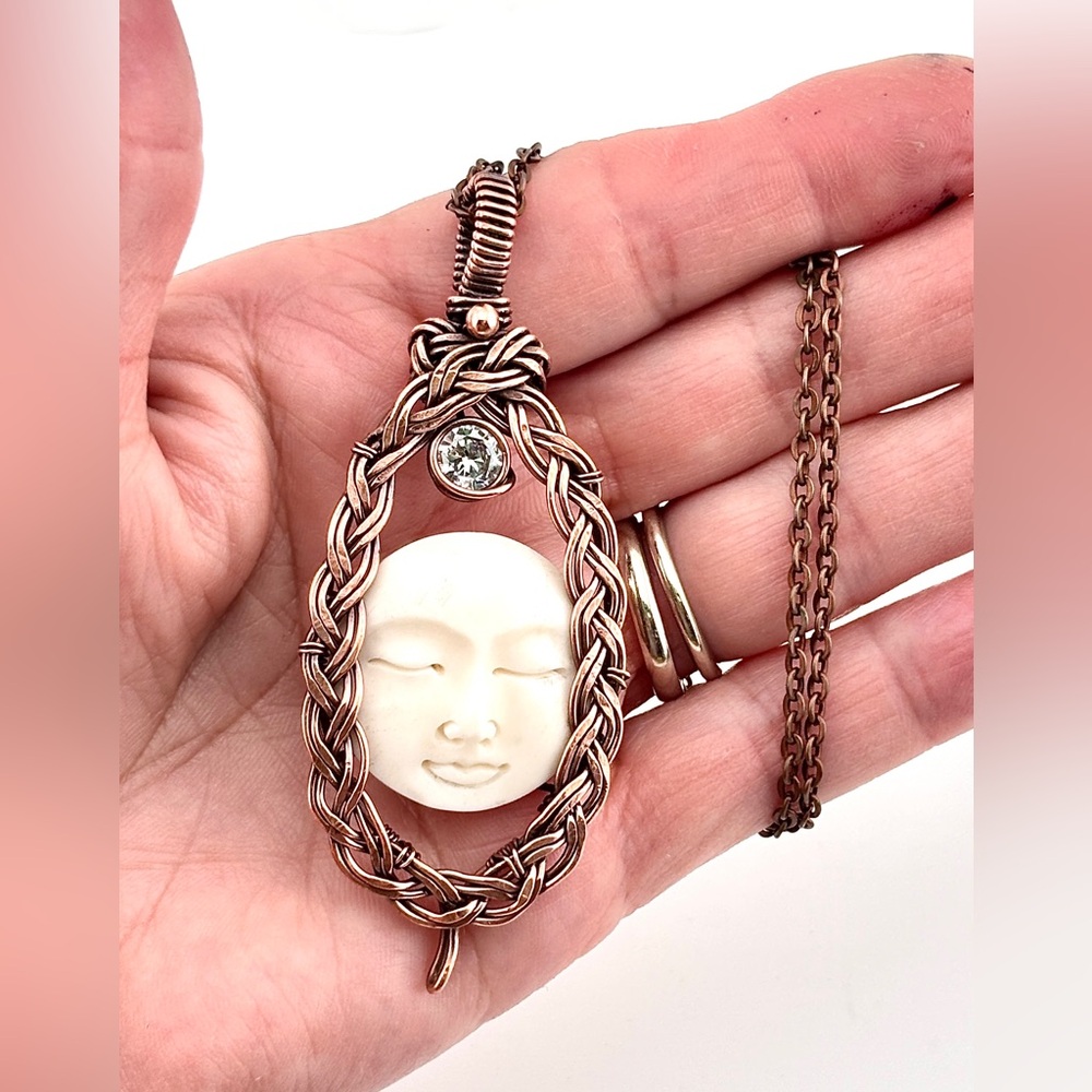HANDMADE Carved Bone Moon Copper Wire Wrapped Boho Pendant Necklace